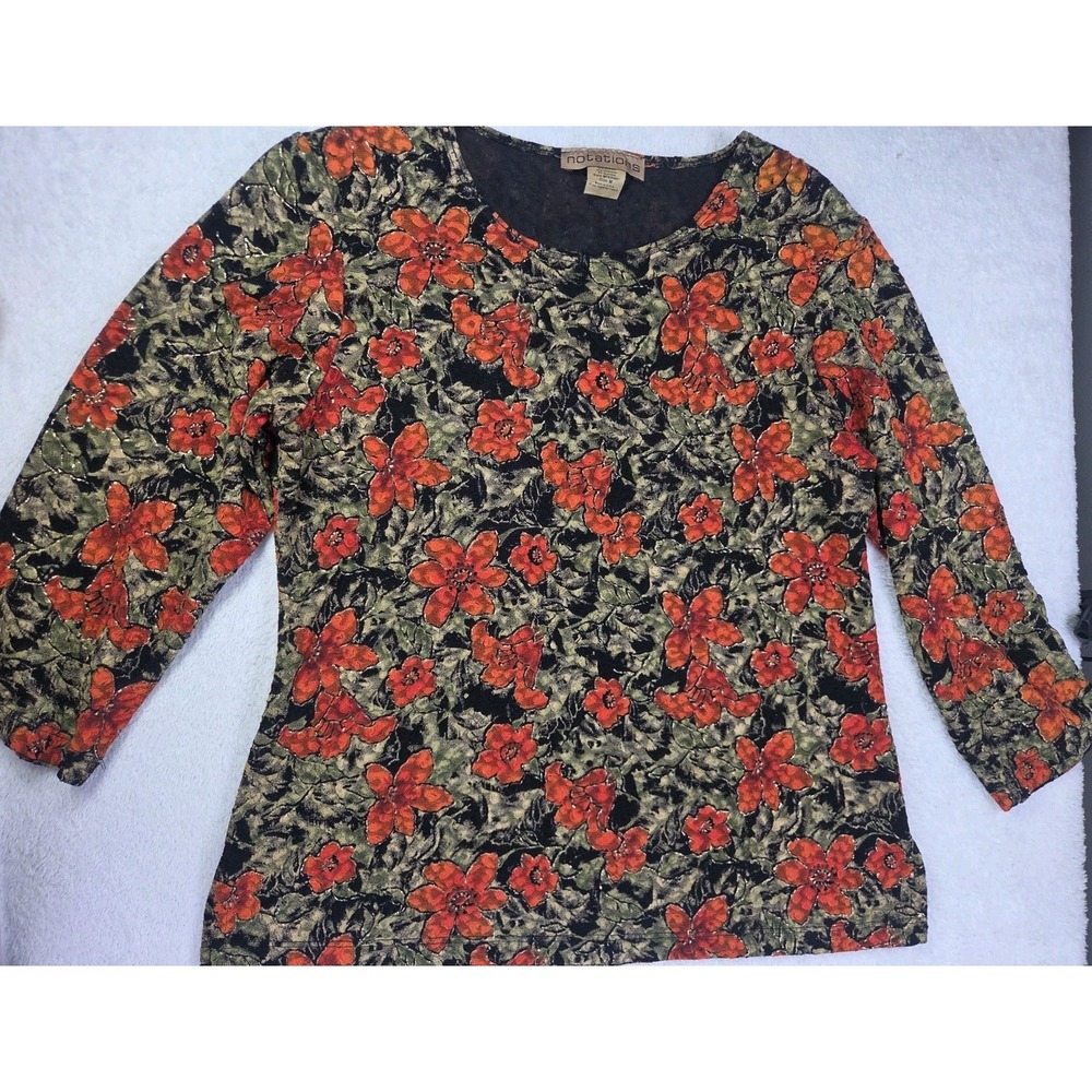 Vintage Notations Womens M Floral Long Sleeve Top Red Black Made USA 90s Stretch